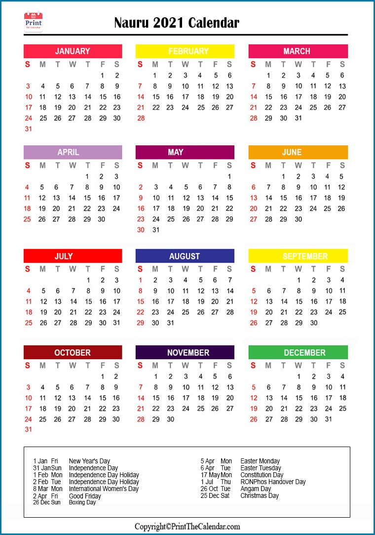Nauru Printable Calendar 2021